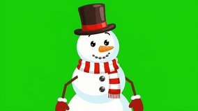 A cheerful snowman wearing a top hat, red and white striped scarf, and red mittens, standing against a vibrant green screen background. - Powered by Shutterstock - Get 15% off with code: PIKWIZARD15