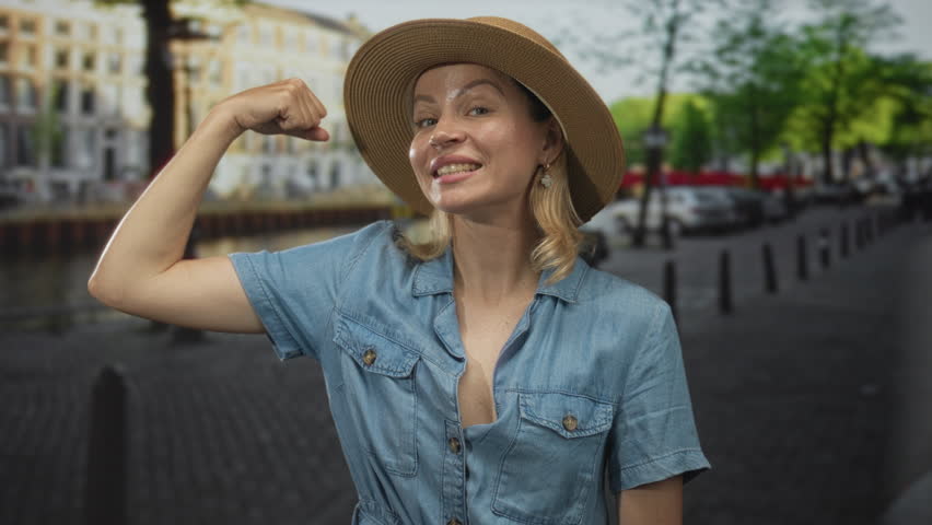 Woman with straw hat flexes bare arm muscles on a cobbled street lined with buildings; confidence resilience.