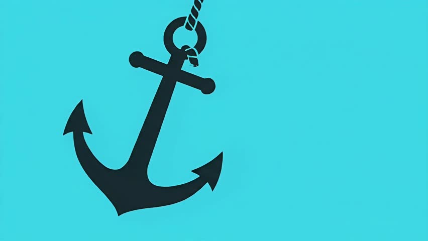 A minimalist graphic of a black anchor suspended by a rope, set against a solid teal backdrop. The image evokes themes of stability and maritime life.