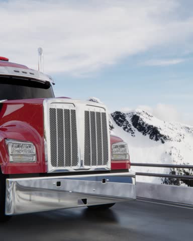Close-up of a red semi-trailer truck on a winter road