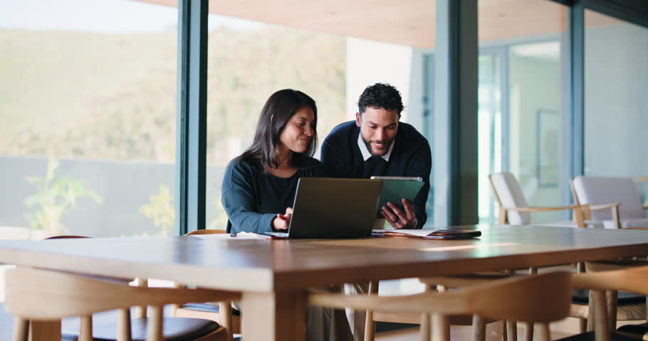 Business people, meeting and training with tablet in office for insurance advice, help or feedback. Tech, laptop and coaching with happy team manager, planning and explain claims process for policy