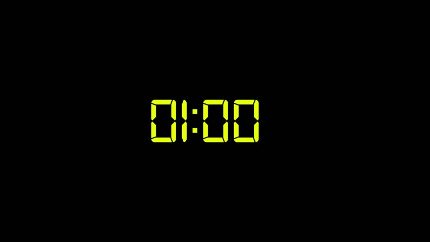 A digital clock displays the time 01:00 in bright yellow segmented digits against a solid black background, representing the final minute of an hour.