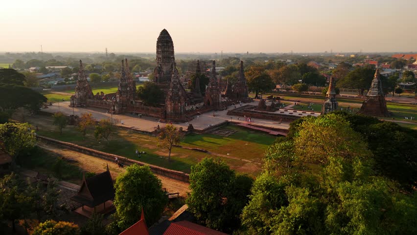 Aerial view of ancient ruins of the chaiwatthanaram temple in Ayutthaya historical park, Thailand. Unesco world heritage site.