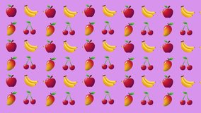 A vibrant seamless pattern displays a colorful mix of fresh fruits, including apples, bananas, cherries, and mangos, on a cheerful purple background. - Powered by Shutterstock - Get 15% off with code: PIKWIZARD15