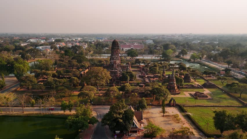 Aerial view of ancient temple of Wat Ratchaburana in Ayutthaya, Thailand, showing its fascinating ruins and surrounding landscape. Unesco world heritage site