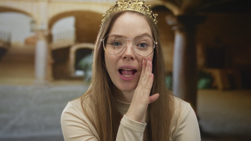 Young caucasian woman wearing crown and glasses softly covers her mouth whispering in ancient building; secrecy.
