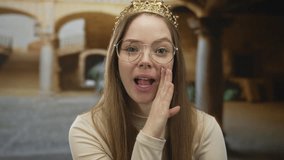 Young caucasian woman wearing crown and glasses softly covers her mouth whispering in ancient building; secrecy. - Powered by Shutterstock - Get 15% off with code: PIKWIZARD15