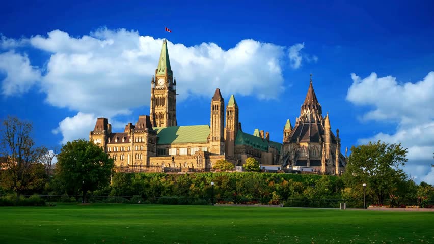 Landscape view of the parliament of Canada from Alexandra bridge
Parliament Hill of Centre Block and Library  in Ottawa, Canada
