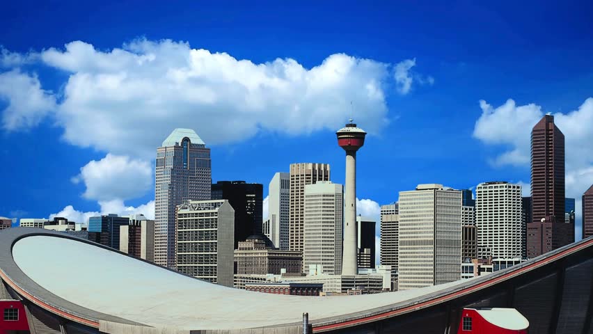 View of the CN Tower and Rogers Center in Downtown Toronto from Toronto Center Island. Toronto, Canada -
