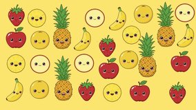 A cheerful seamless pattern displays adorable smiling cartoon fruits strawberries, apples, pineapples, bananas, on a vibrant yellow background. - Powered by Shutterstock - Get 15% off with code: PIKWIZARD15