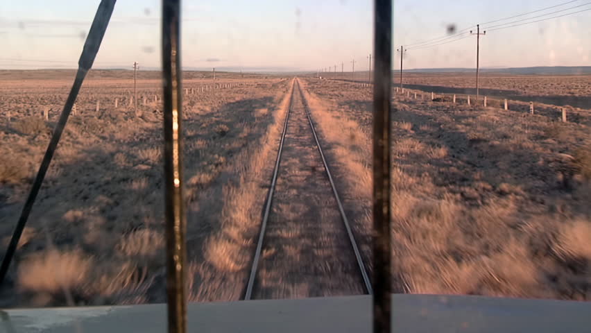 POV of Train Ride Through Patagonian Steppe From Inside Locomotive Cabin, Argentina 