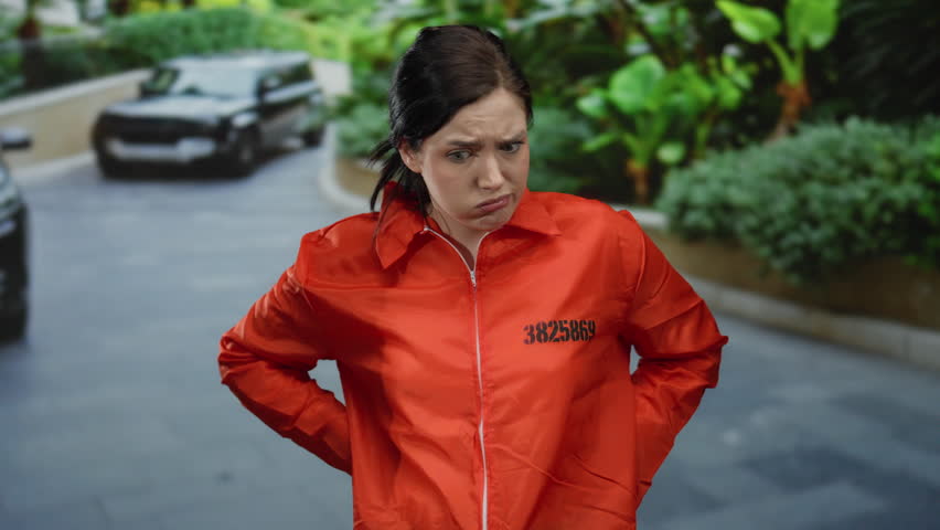 Woman in orange jumpsuit outside in street setting showing discomfort, standing with hand on back, and background foliage visible, suggesting a dramatic outdoor scene.
