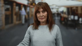 Hispanic senior woman standing outdoor in a city street with eyes closed holds her forehead showing stress and fatigue against a blurred urban background with pedestrians and shops. - Powered by Shutterstock - Get 15% off with code: PIKWIZARD15