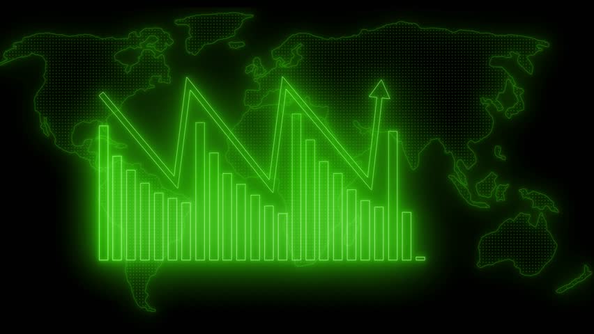 Glowing bar and line graph overlaid on a world map animation with dark background
