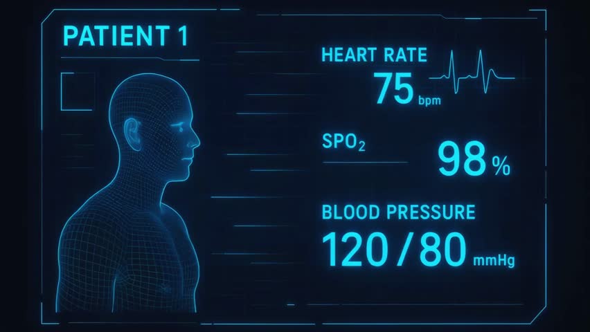 Futuristic medical HUD interface displaying vital signs: heart rate, blood pressure, oxygen level, ECG, and patient health data, modern healthcare technology, digital monitoring system