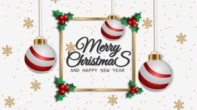 4K Christmas greeting animation featuring hanging silver ornaments, golden snowflakes, and holly leaves forming a festive frame. Ideal for holiday greetings, social media, and promotional videos. - Powered by Shutterstock - Get 15% off with code: PIKWIZARD15