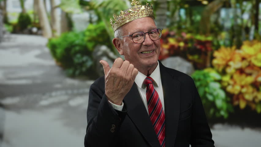 Senior man in suit wearing crown smiles while pointing thumb outdoors in lush street, suggesting royalty and confidence.