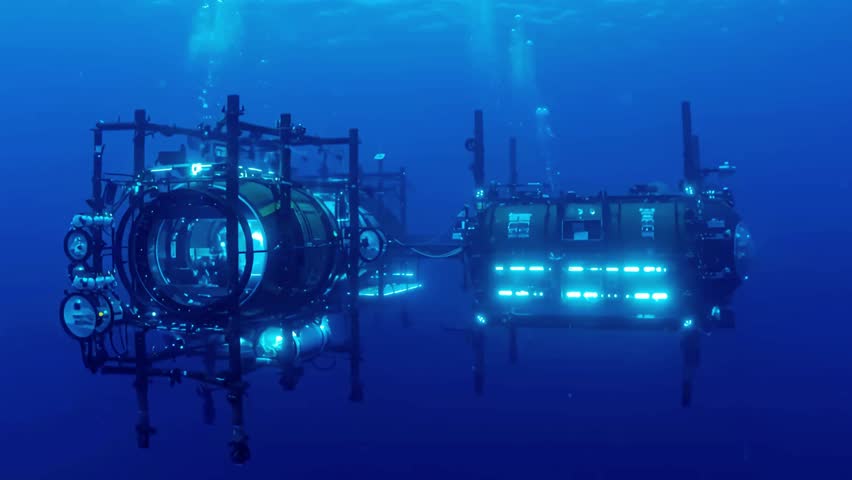 3D underwater scene with deep ocean submersible vehicles exploring ocean floor, advanced technology, marine research, deep-sea exploration, futuristic underwater robotics, ocean discovery