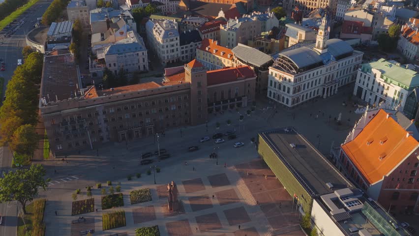 Sweeping aerial pan of Riga, Latvia, showcasing the old town, Riga Cathedral, St. Peter