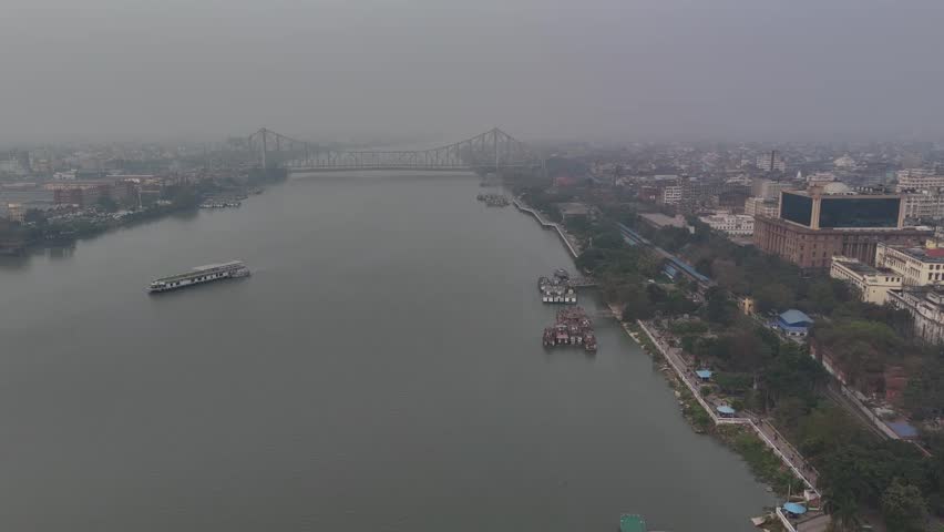 Aerial shot of Howrah bridge in a cloudy day 