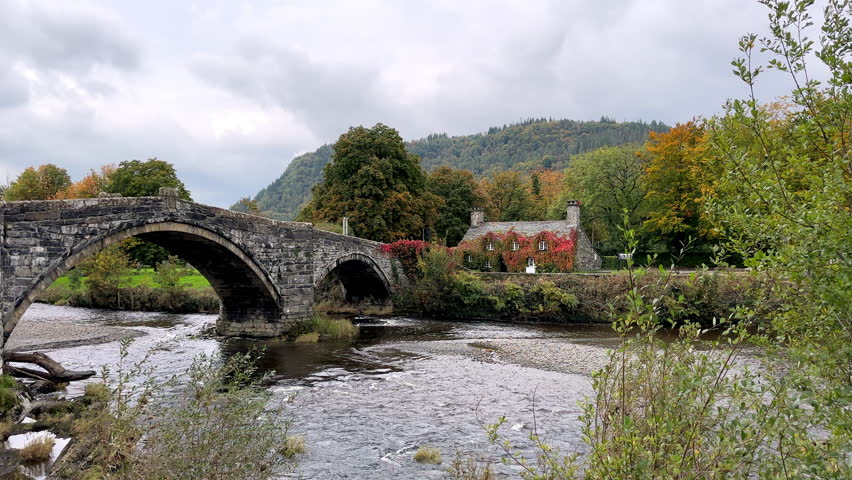 Tea Room Court House and Pont Fawr Bridge, Llanrwst, Conwy, Wales, United Kingdom
