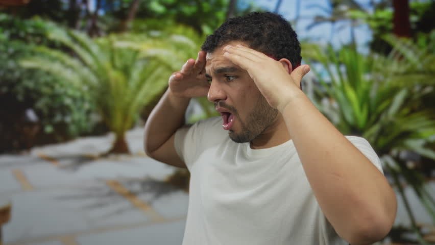 Young man shielding eyes with hands over forehead in green park walkway under bright sunlight wearing white shirt; surprise shock awe astonishment.
