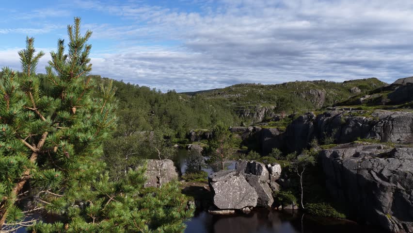 Aerial shot capturing hikers admiring a mountain lake view