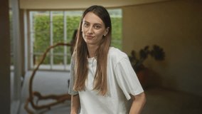 Woman with exposed face smiles and tilts head while wearing a white t shirt in studio setting; serenity. - Powered by Shutterstock - Get 15% off with code: PIKWIZARD15