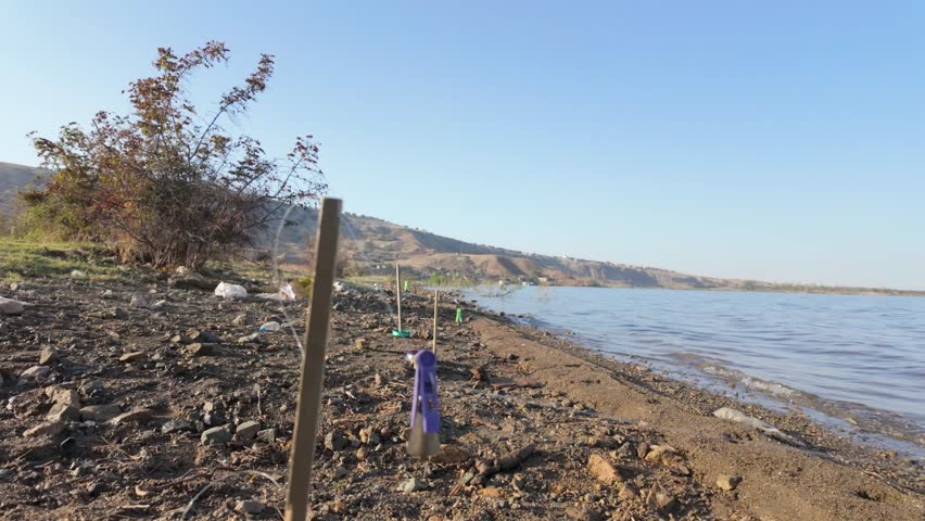 Fishing Rods with Shaking Bite Alarms on the Lake Shore.