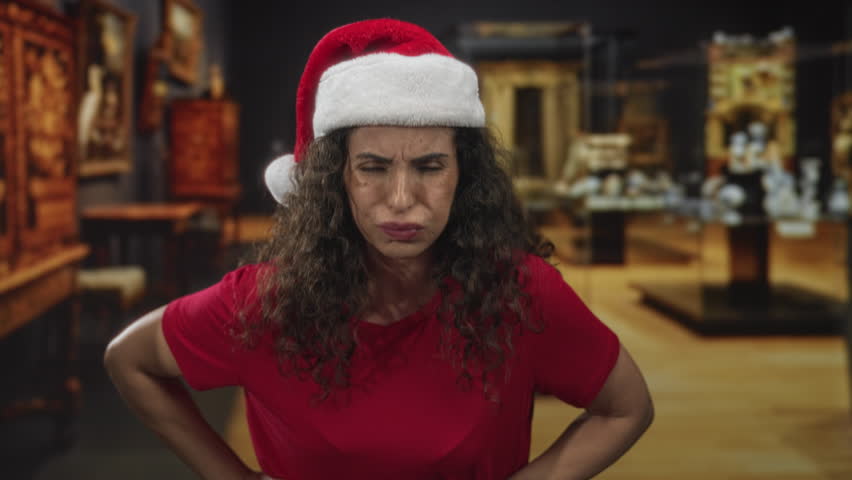 Woman wearing santa hat and red shirt holds stomach in art gallery for stomachache; holiday discomfort.