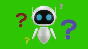 A funny animation of a 3D little robot looking left and right with a puzzled expression. A colorful 3D question mark symbol may be seen in the backdrop. Green screen background. - Powered by Shutterstock - Get 15% off with code: PIKWIZARD15