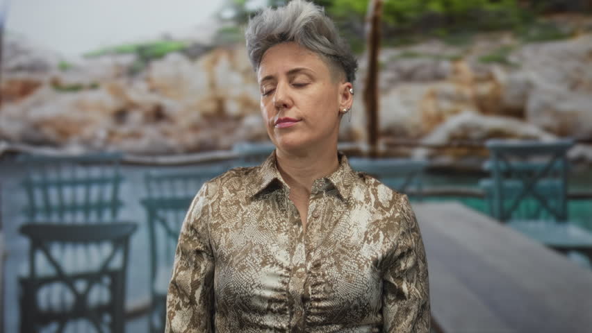 Woman with short grey hair rolls eyes on a restaurant terrace building wearing a patterned blouse; boredom.