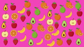 A vibrant, playful pattern of colorful cartoon fruits including apples, bananas, oranges, strawberries, and avocados, set against a cheerful pink background. - Powered by Shutterstock - Get 15% off with code: PIKWIZARD15