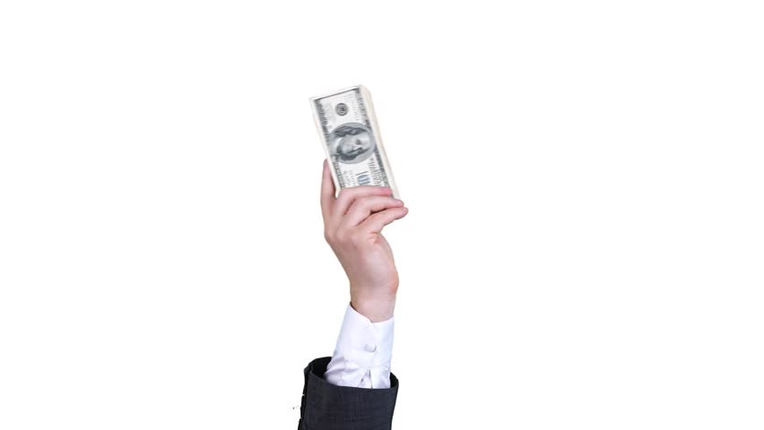 money, cash. Gif animation. close-up. male hand, in business suit, holds hundred dollar bills bundle, waves it. isolated on white background. looping seamless pattern. animation 4k