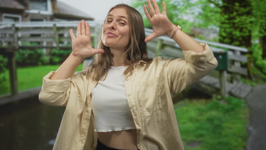 Young blonde woman frames her face with playful hand gesture in front of rustic building; playfulness.