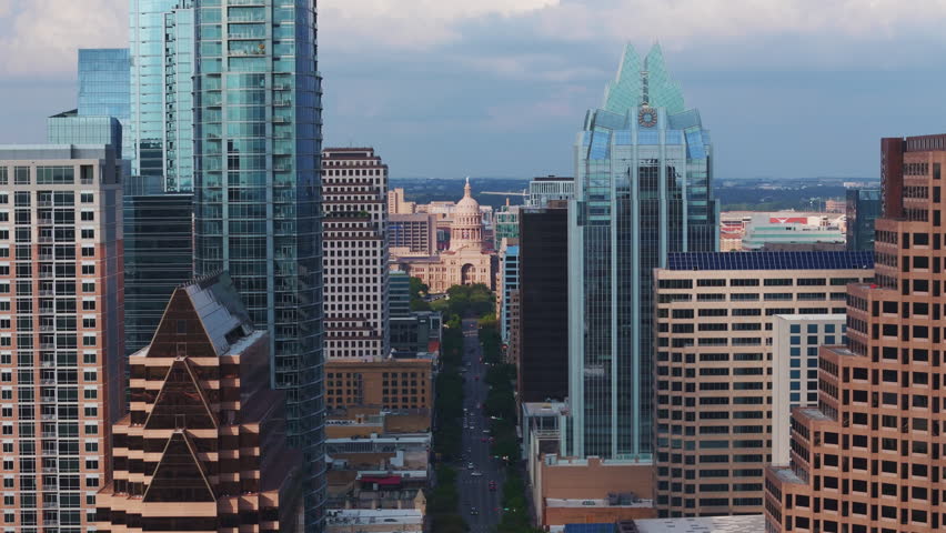 High aerial of state capitol building in Austin, Texas. 