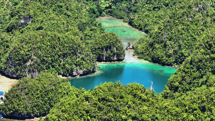 Group of Islets in Tinago Island. Turquoise water in lagoon. Surigao del Norte, Philippines. Zoom view.