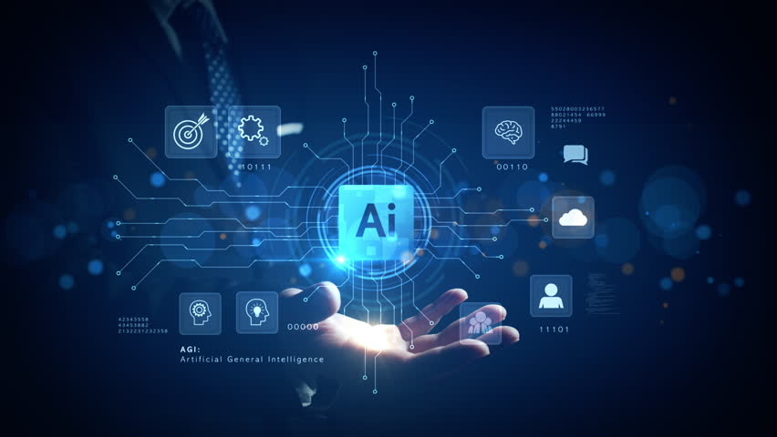 Futuristic AI interface with icons of machine learning, cloud, brain, and network above a businessman’s hand, illustrating AGI and digital intelligence. - Powered by Shutterstock - Get 15% off with code: PIKWIZARD15
