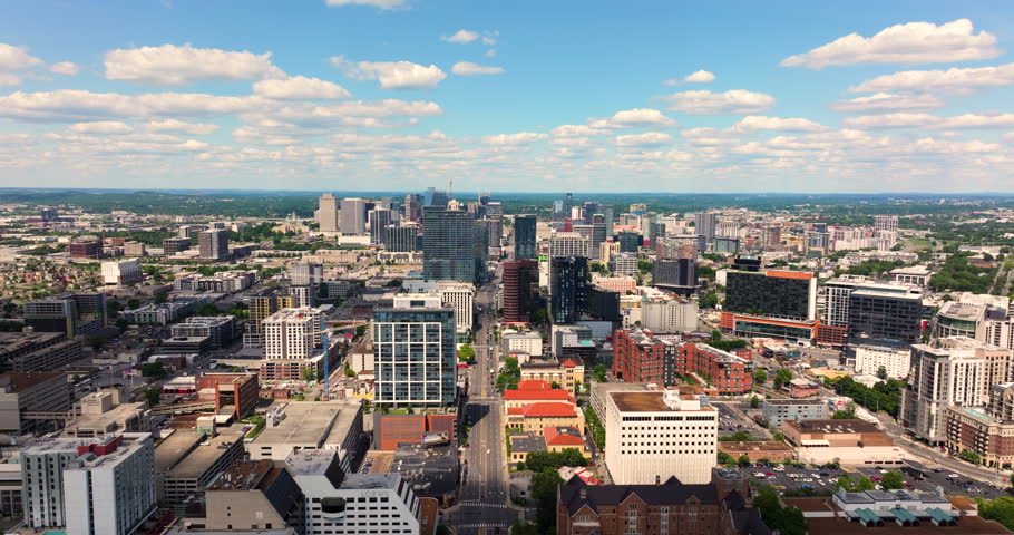 Nashville, Tennessee, USA. Aerial view of American downtown office district. High commercial and residential skyscraper buildings in modern US city.