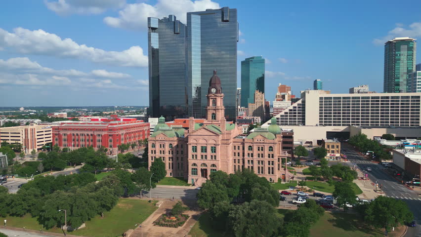 Orbit aerial of Fort Worth city skyline and courthouse