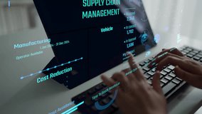 Supply chain management interface showing delivery routes, warehouse efficiency, cost savings, vehicle tracking, procurement ROI, and contract stages. Futuristic supply chain monitoring system. Thunk - Powered by Shutterstock - Get 15% off with code: PIKWIZARD15