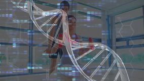 DNA helix graphic fading in guiding female client curling pink dumbbells under trainer correction. Biometric, digital, innovation, technology, strength, fitness, health - Powered by Shutterstock - Get 15% off with code: PIKWIZARD15