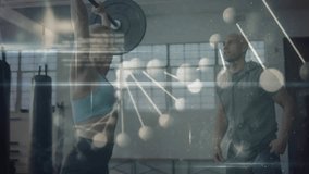 Woman bracing core and partner spotting, overlaying fitness data grids during overhead pressing. Strength training, digital interface, fitness technology, data visualization, gym environment, - Powered by Shutterstock - Get 15% off with code: PIKWIZARD15