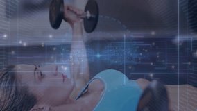 Fitness enthusiast gripping dumbbells and pressing chest on bench while digital overlays appearing. Strength training, digital interface, workout, fitness, technology, health, physique - Powered by Shutterstock - Get 15% off with code: PIKWIZARD15