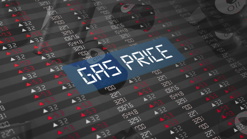 Gas Price Rising Concept and Stock Market Chart and Falling Oil Barrels
