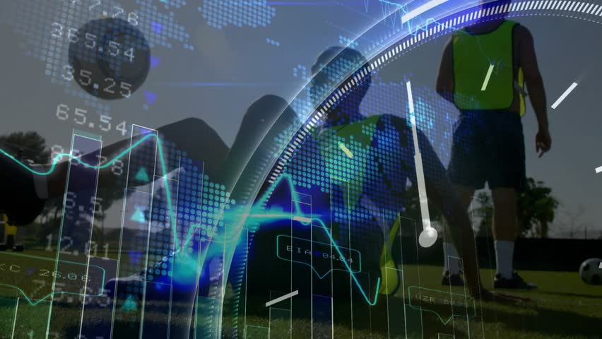 as clock hand sweeping past ten, kneeling player lifting soccer ball with overlay pulsing graphs. Athlete, teamwork, digital technology, fitness, sports performance, outdoor, analysis - Powered by Shutterstock - Get 15% off with code: PIKWIZARD15