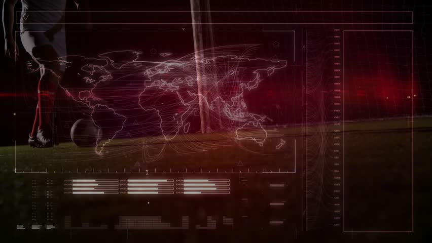 Male athlete tapping ball, dribbling and kicking ball with red overlay pulsing map for sports tech. Athlete, sports, digital, interface, analysis, technology, training - Powered by Shutterstock - Get 15% off with code: PIKWIZARD15