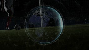 Soccer player approaching ball and activating hologram while analytics overlay analyzing kick spin. Sport, technology, analytics, immersion, innovation, fitness, realism - Powered by Shutterstock - Get 15% off with code: PIKWIZARD15