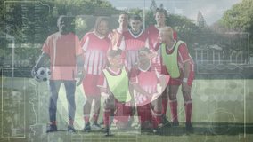 Soccer team completing pose on field activating analytics HUD overlay with graphs and progress icon. Athletes, teamwork, sportswear, digital interface, outdoor, competitive, fitness - Powered by Shutterstock - Get 15% off with code: PIKWIZARD15