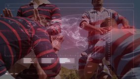 Rugby teammates hoisting jumper after lineout throw, securing ball with broadcast data overlay. Athletics, teamwork, sports analytics, outdoor, competitive, motion, modern - Powered by Shutterstock - Get 15% off with code: PIKWIZARD15